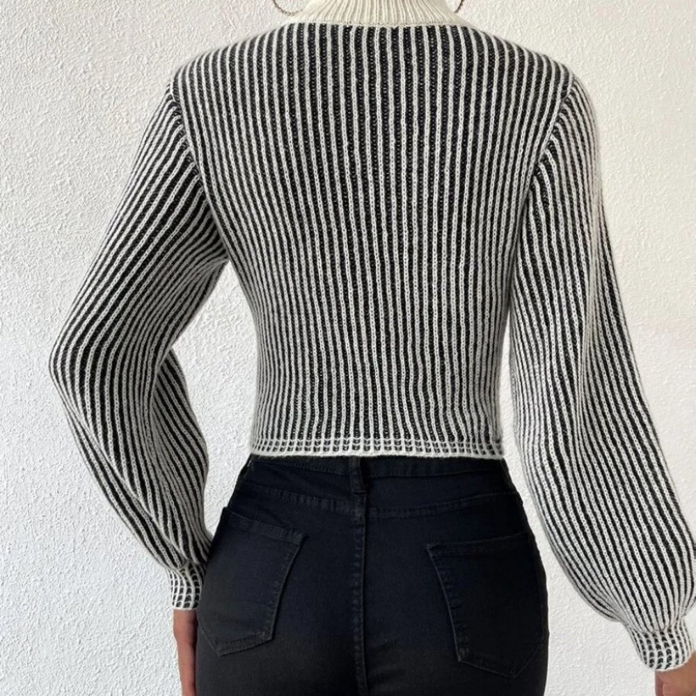 Striped Mock Neck Cut Out detail long sleeved knit Sweater top - Picture 5 of 6